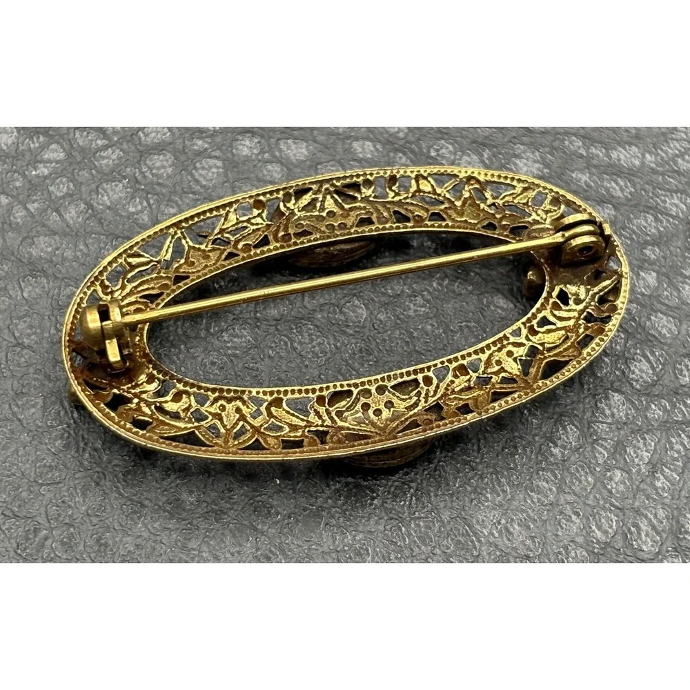 Vintage 1928 Brand Gold Tone Filigree Oval Brooch Etruscan - Victorian Style